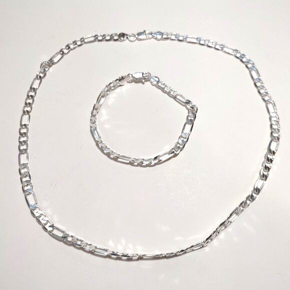 Genuine 925 Silver Necklace & Bracelet Set 6mm Figaro Vintage Fashion Gift NEW!!